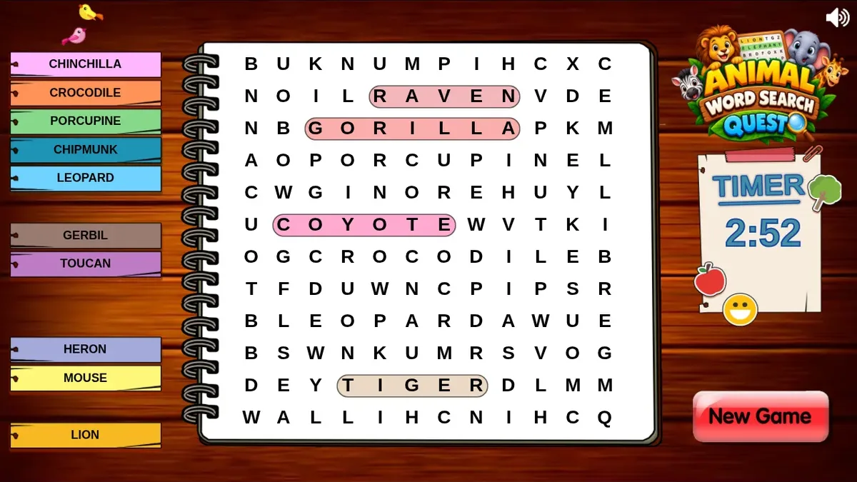 Four mouse drags have highlighted RAVEN, GORILLA, COYOTE and TIGER; the matching four list entries are absent.