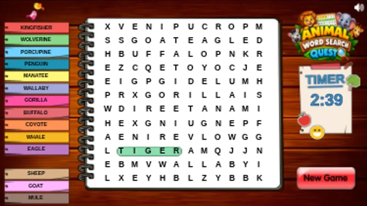 A native touchscreen drag has highlighted TIGER in green; its matching item has disappeared from the left-hand animal list.