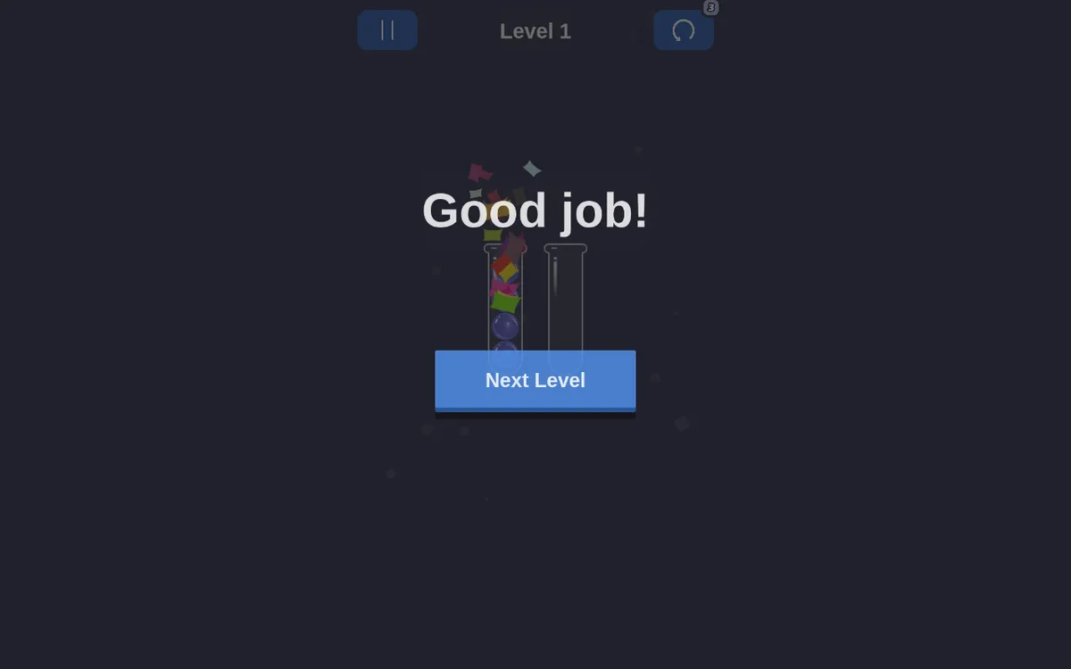 Four blue balls sorted into one tube with the Good job message