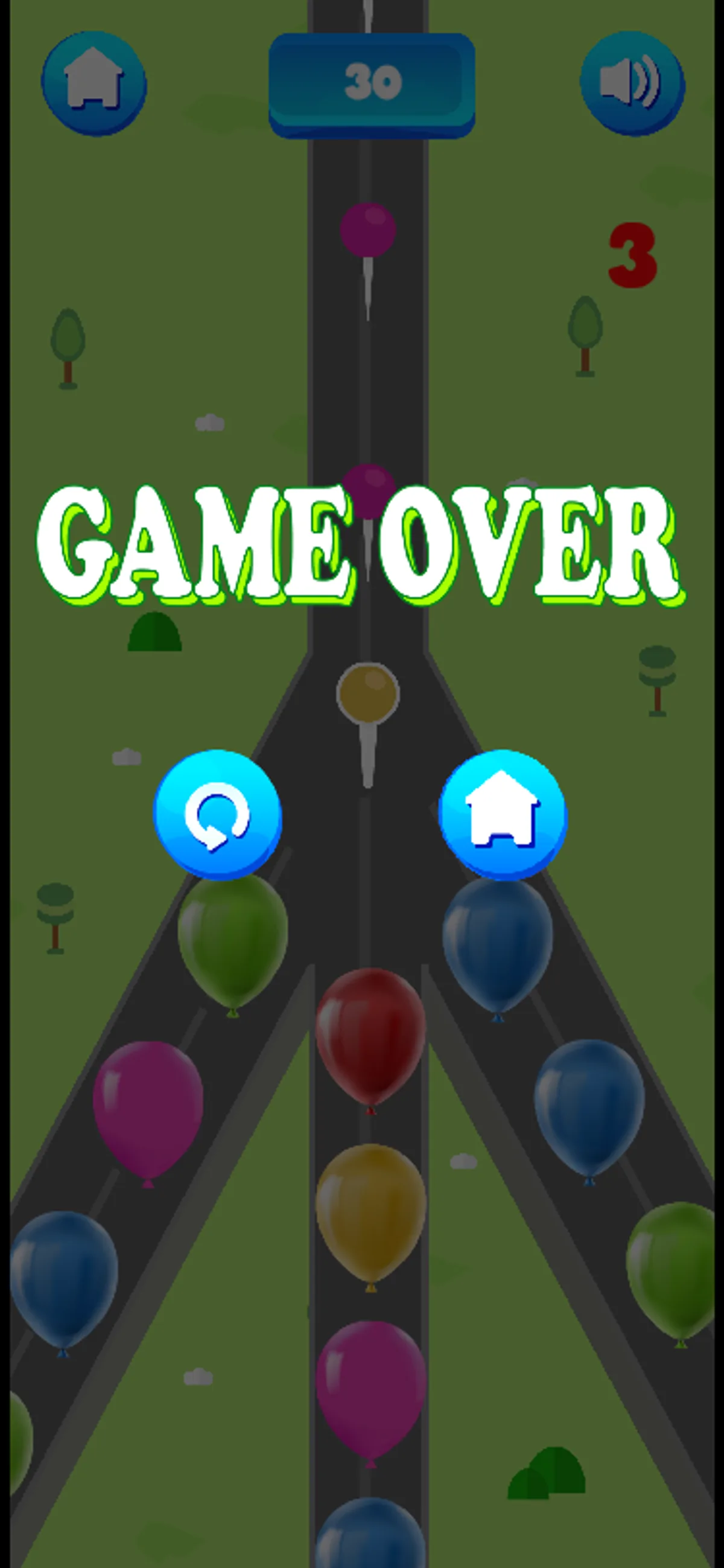 Game Over appears over the mobile board with score 30 and the red indicator still at 3