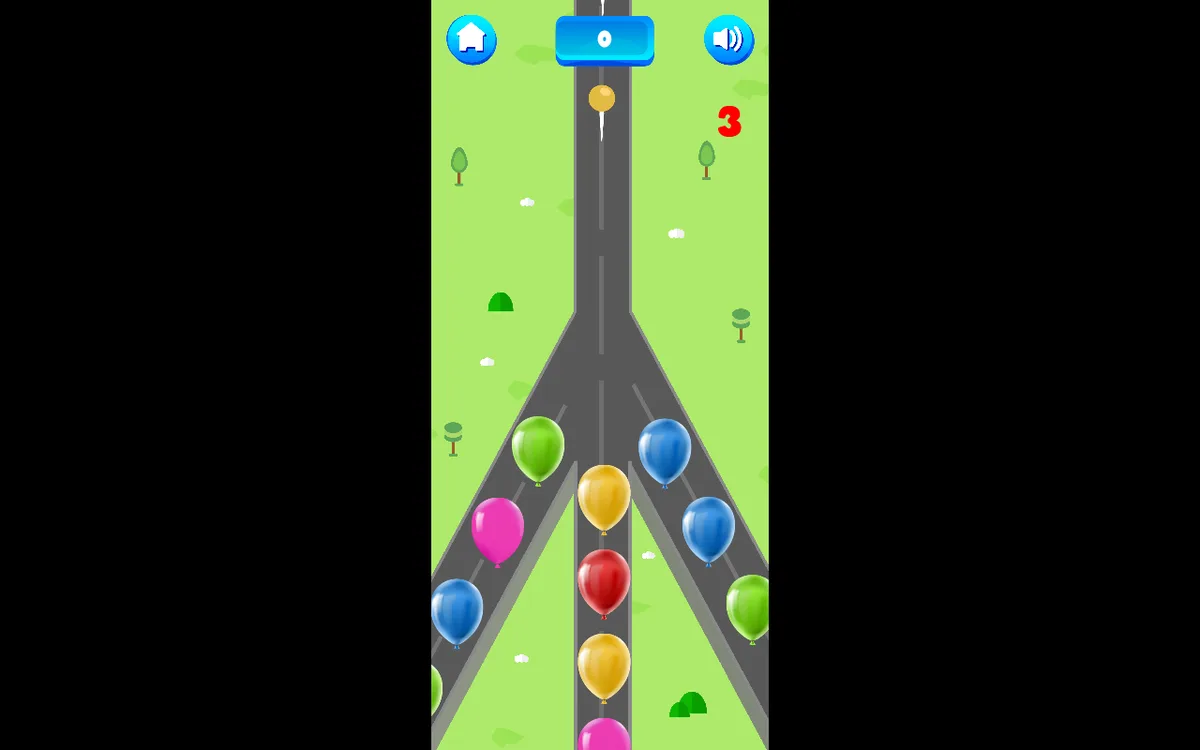A yellow pin, score 0 and red 3 appear above colored balloons on the desktop board