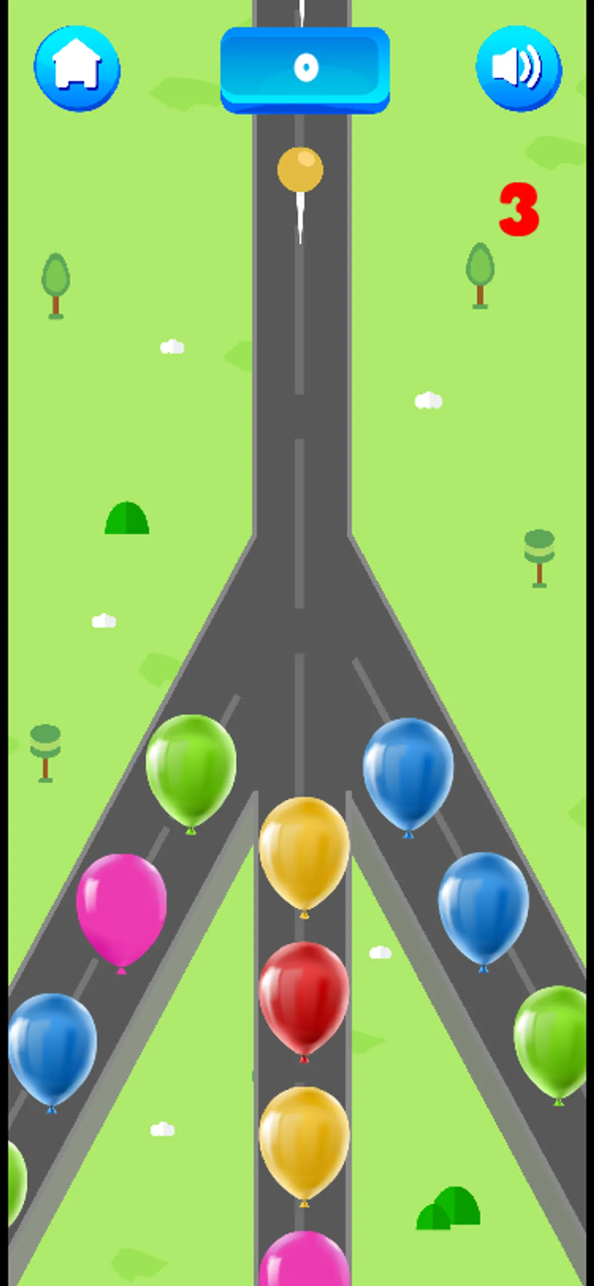 The mobile board shows a yellow pin, yellow balloons, score 0 and a red 3