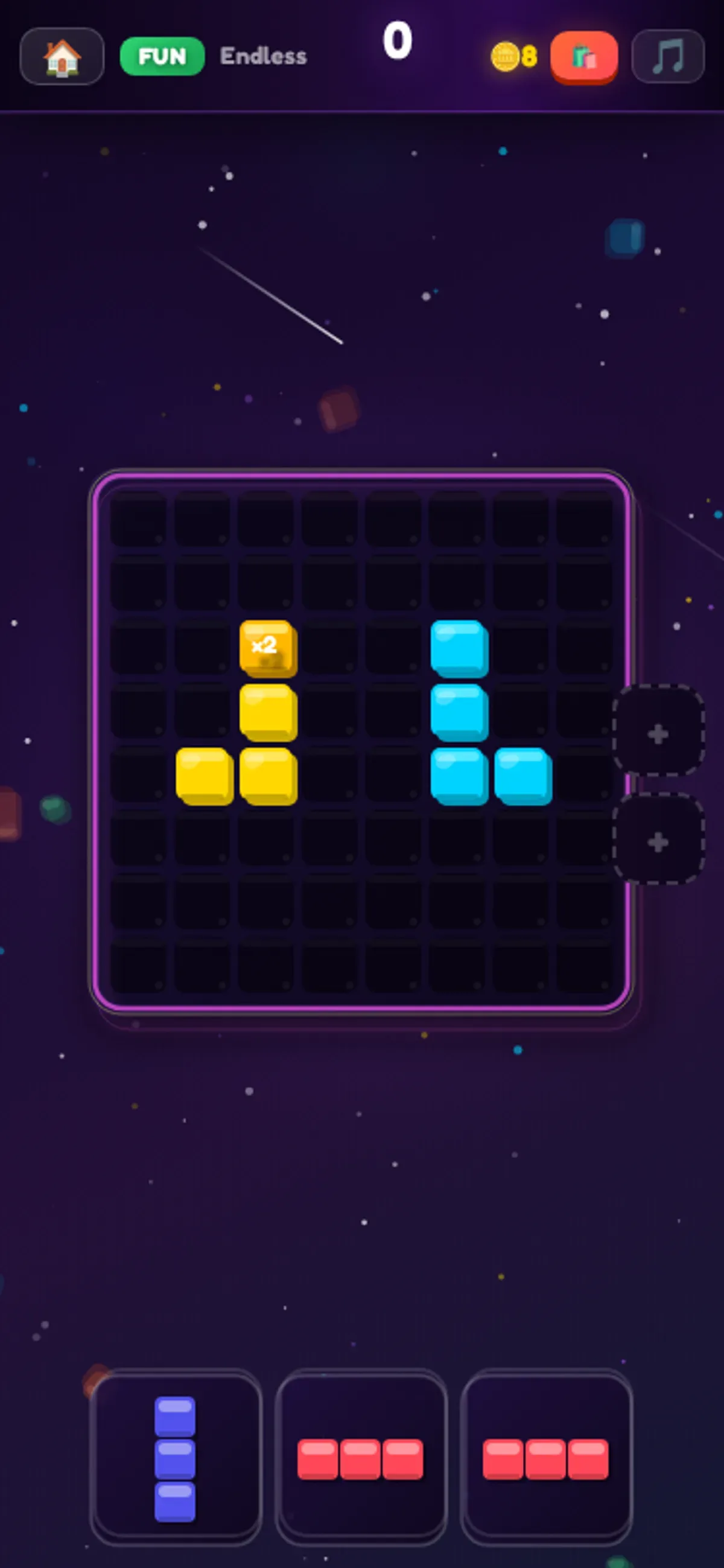 Block Party Blast mobile board after yellow and cyan piece placements; coins 8 and score 0.