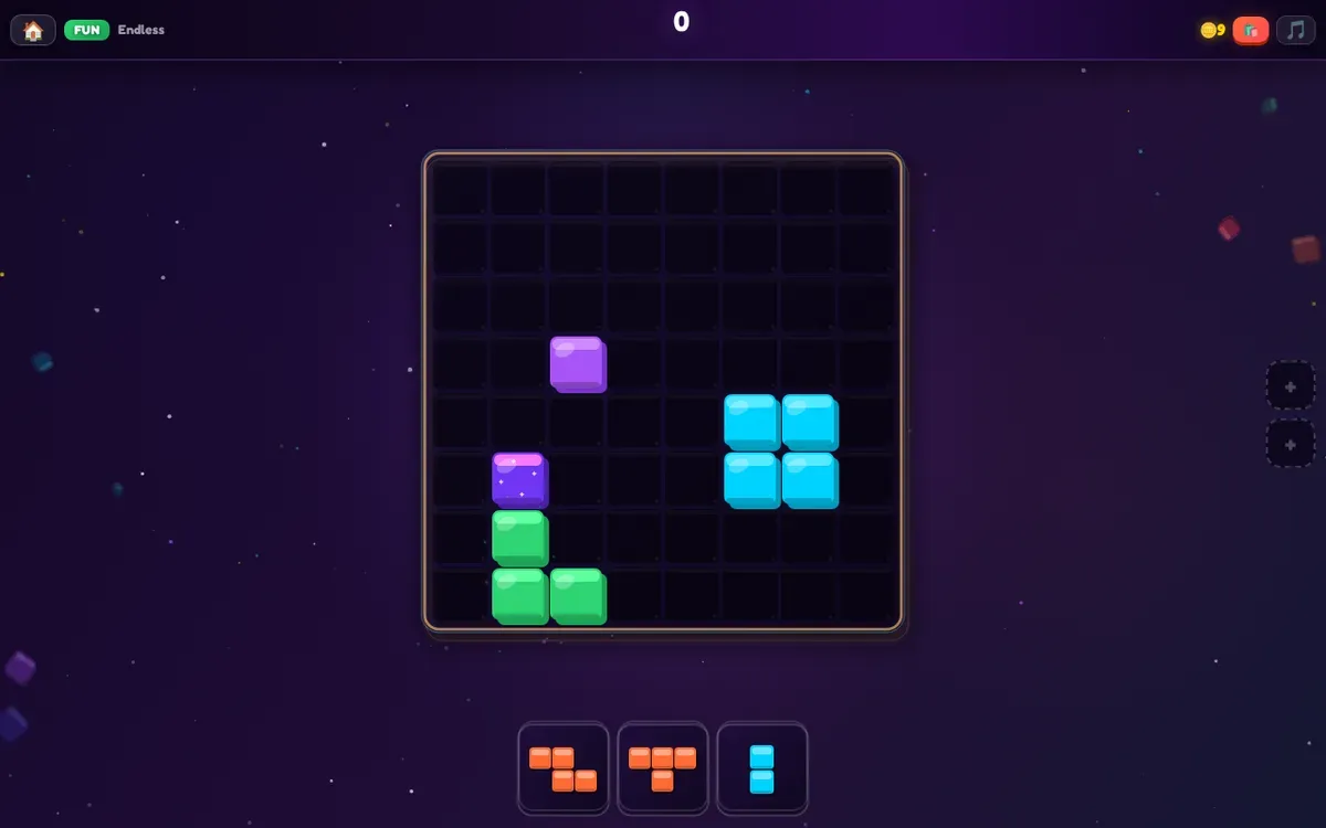 Block Party Blast desktop board after three piece placements; coins 9 and score 0.