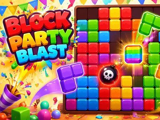 Block Party Blast cover art with a colorful block grid, confetti, and a skull-marked cartoon bomb.