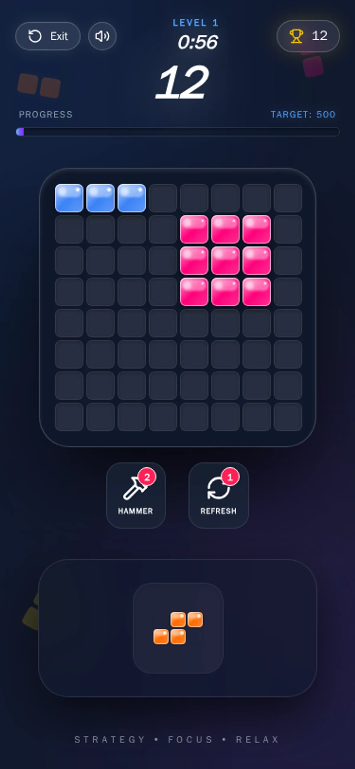 Mobile Blockify board with three blue cells, a pink three-by-three square and score 12
