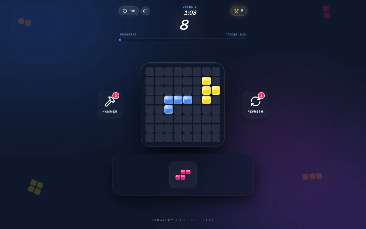 Desktop Blockify board with blue and yellow four-cell shapes and score 8