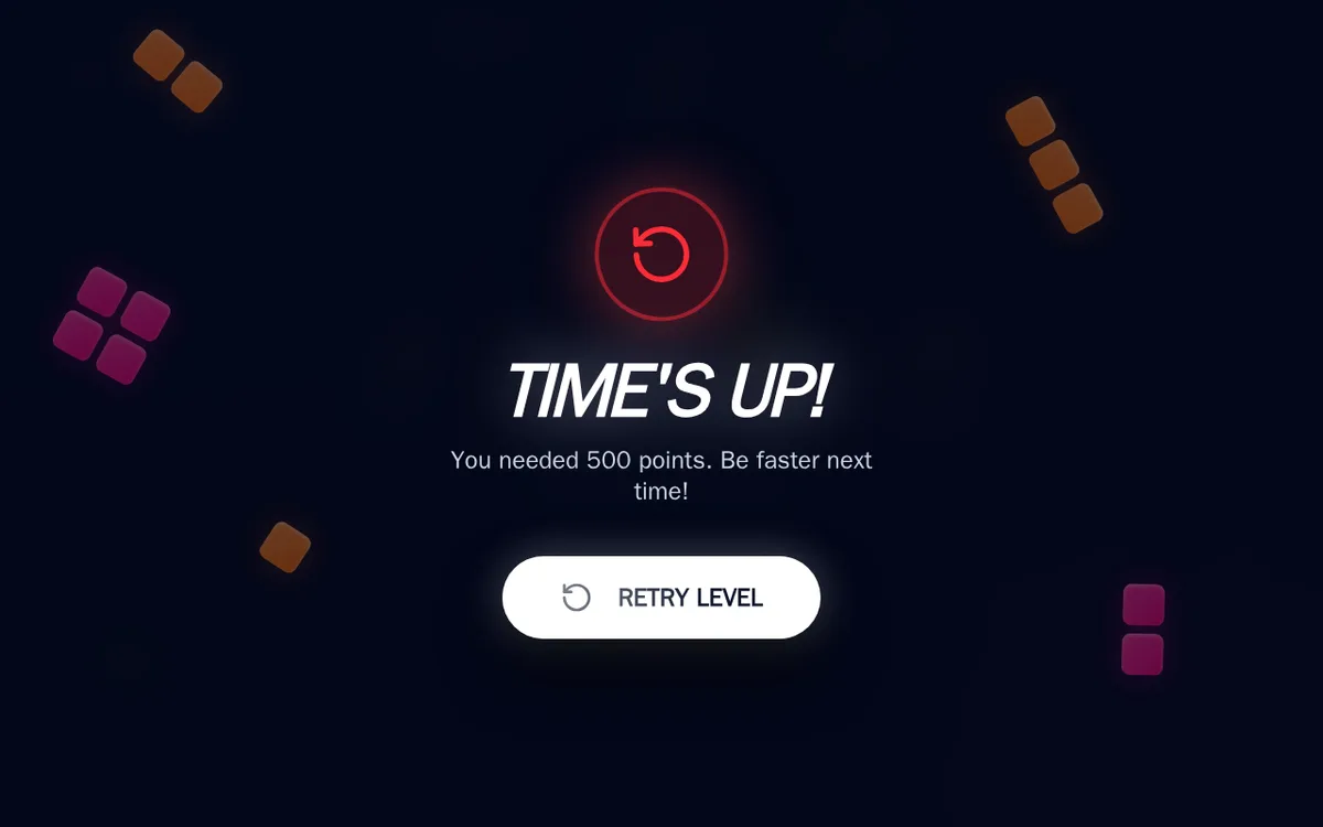 Blockify time-up screen showing a 500-point target and Retry Level button
