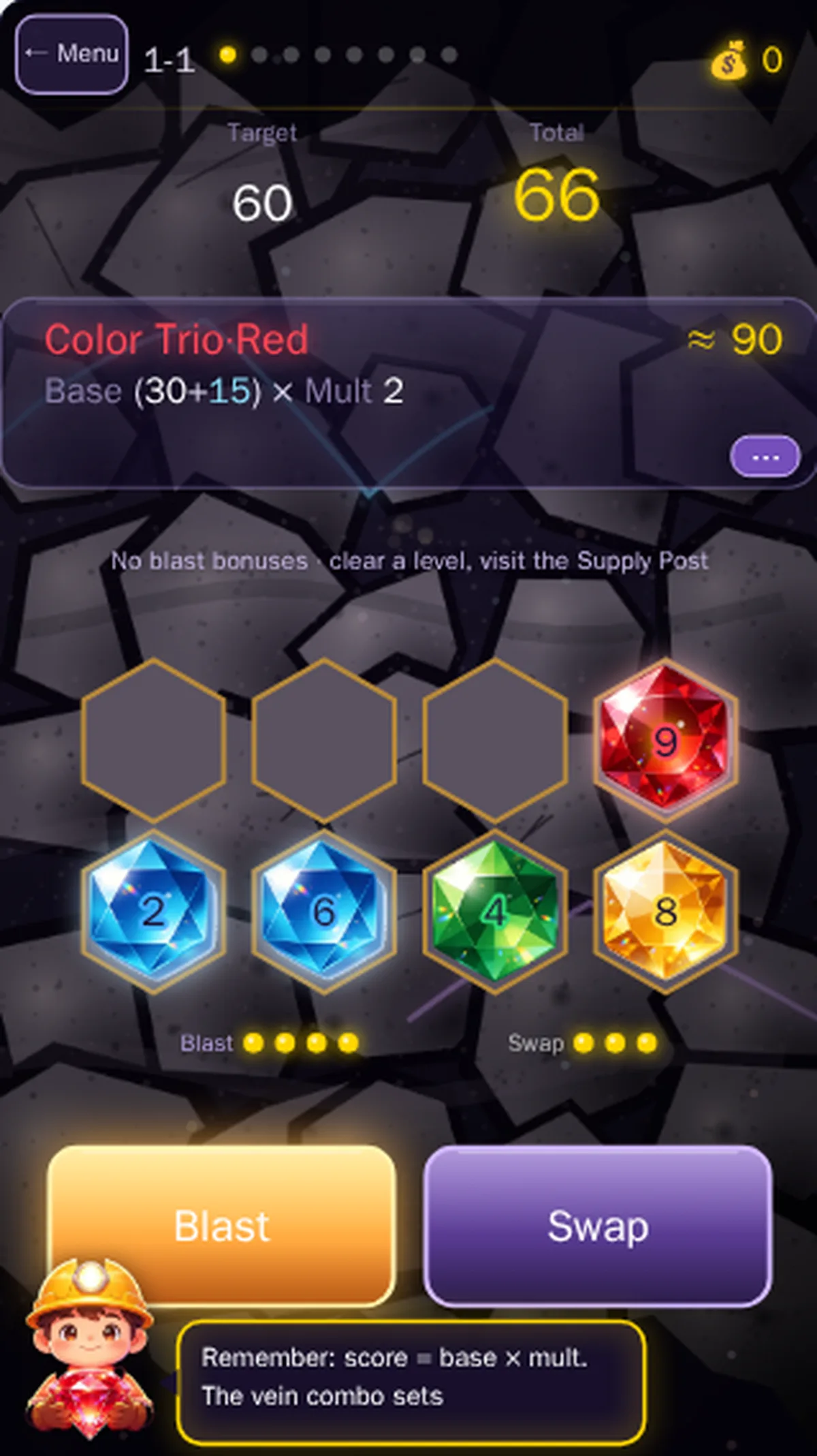 Boomstone mobile board after three selected red gem slots were cleared