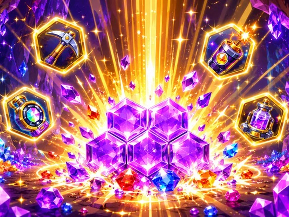 Boomstone publisher cover with glowing crystals and mining tools