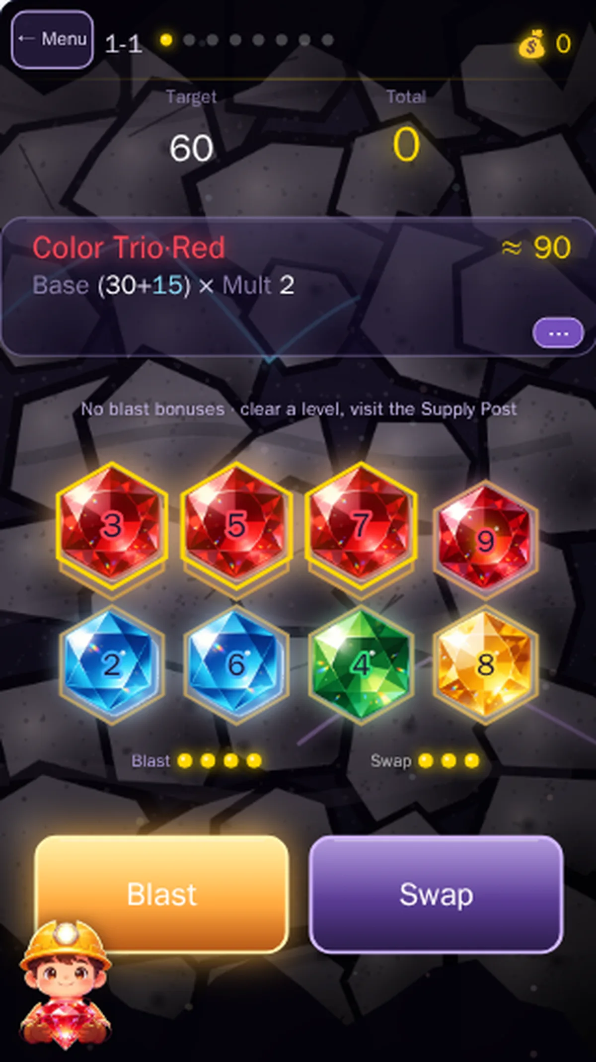 Boomstone mobile board with the red 3, 5 and 7 gems selected