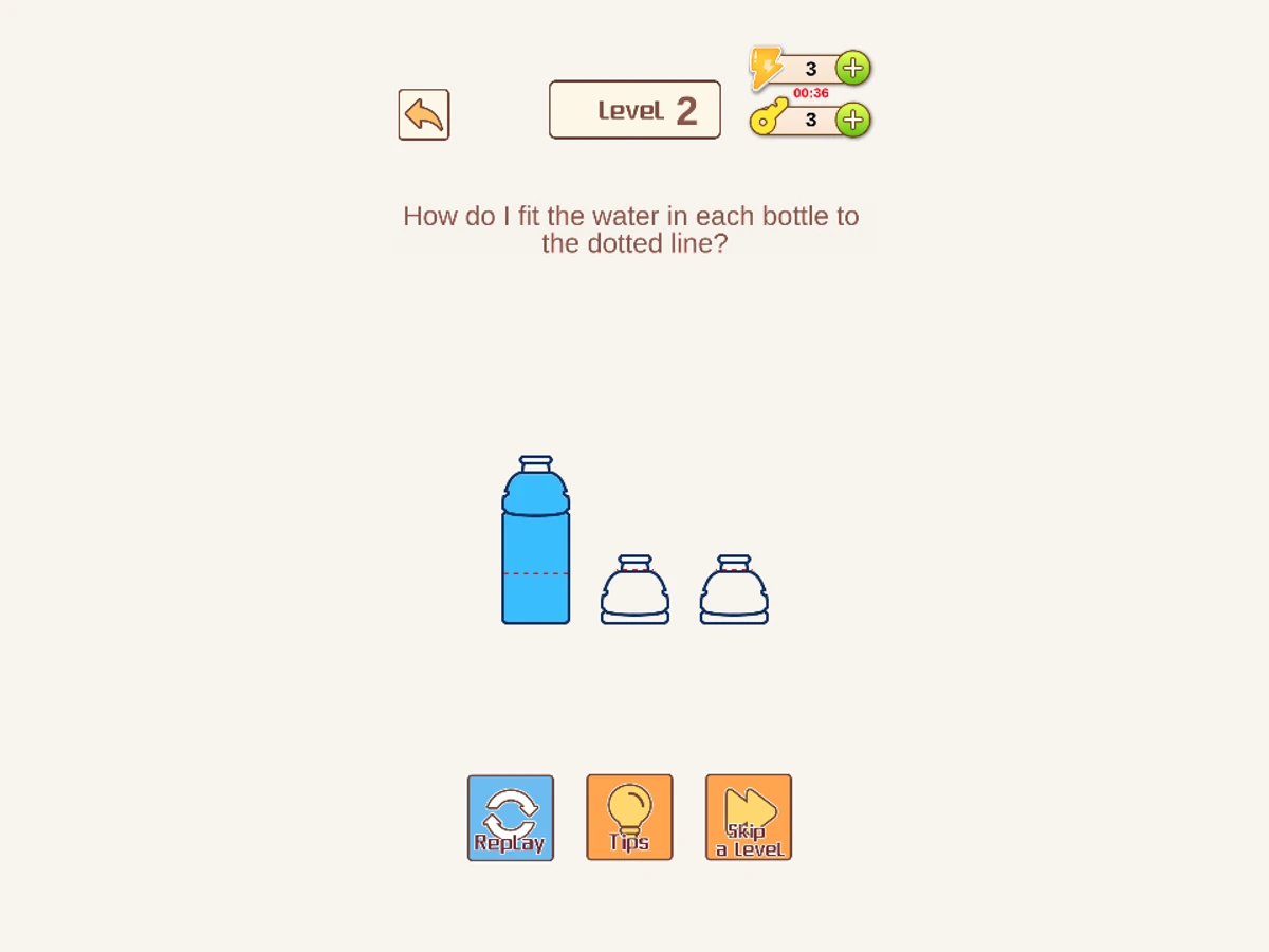 Bottle Battle Level 2 puzzle with one filled and two empty bottles