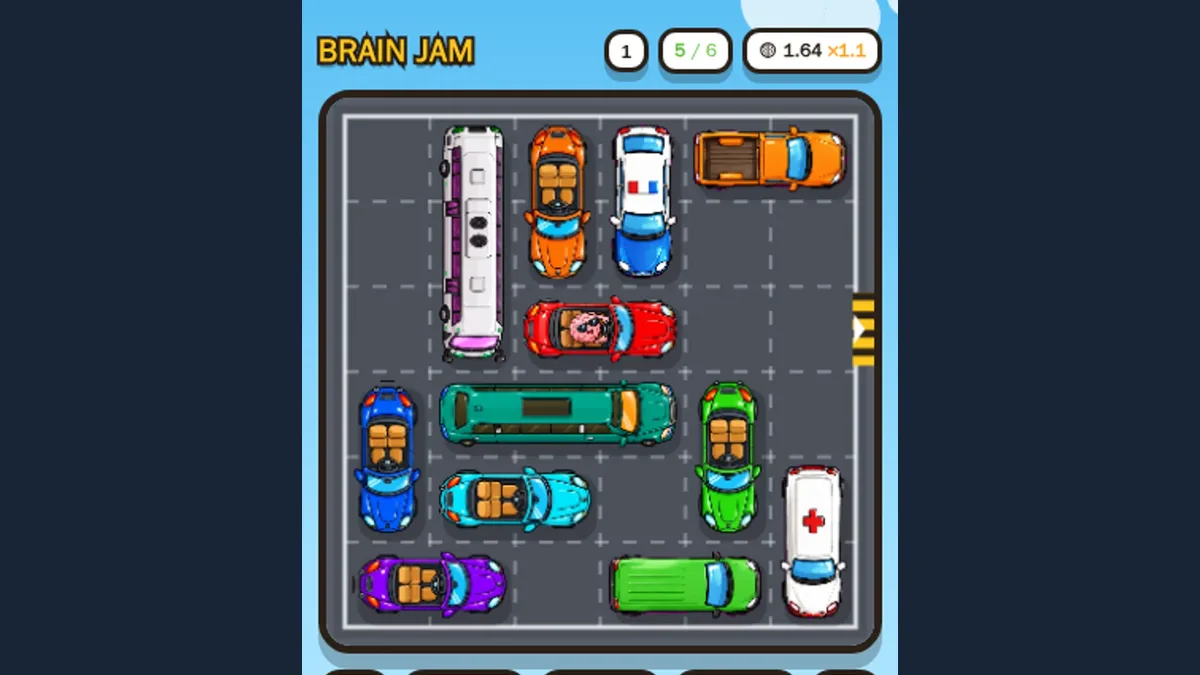 Five touchscreen drags have moved the blocking vehicles and opened the exit lane; the red car remains on the board.