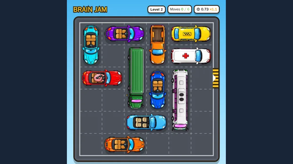 Level 2 starts with the red car blocked by a green truck, blue car and long bus.