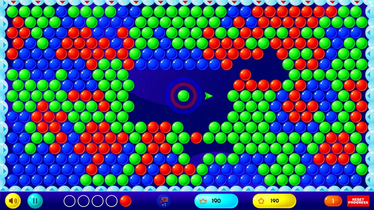 Bubble Rush desktop board after two blue-cluster clears, showing a score of 190.