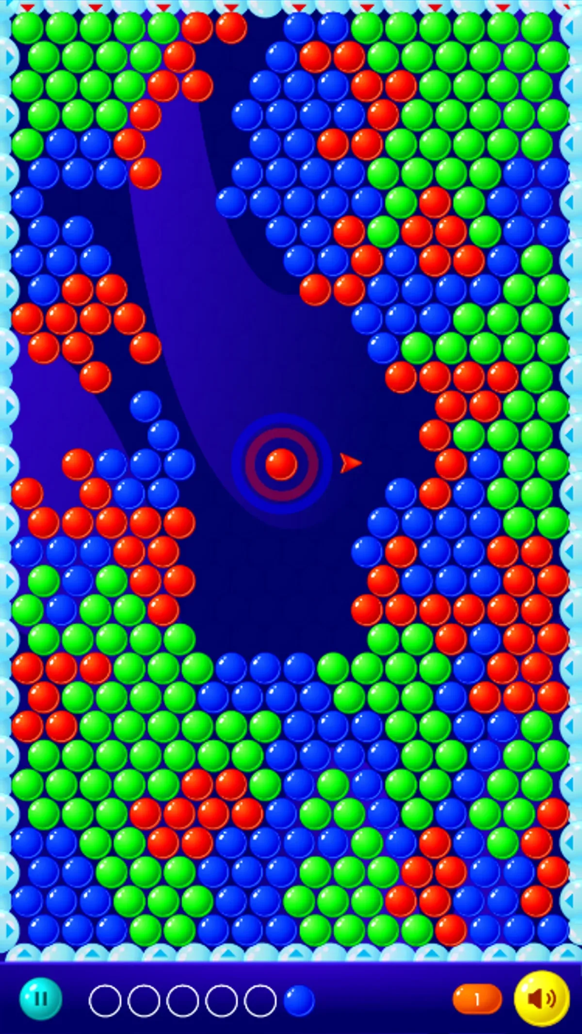 Bubble Rush portrait board after two green-cluster clears, with a red bubble in the central launcher.