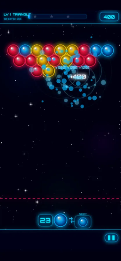 After a blue shot, part of the bubble group has cleared; the counter shows 23 shots and the score shows 400.