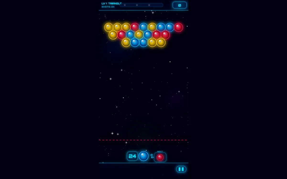 Bubbles Blast level one, Triangle, with 24 shots above the opening bubble formation.