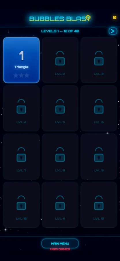 Bubbles Blast level grid showing Triangle as the first unlocked stage.