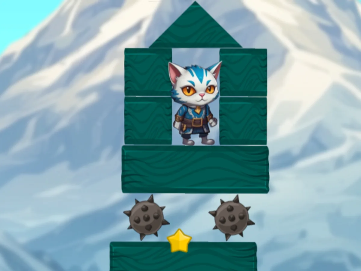 Blue-and-white cat above green wooden supports and two spiked balls in Buddy Quest