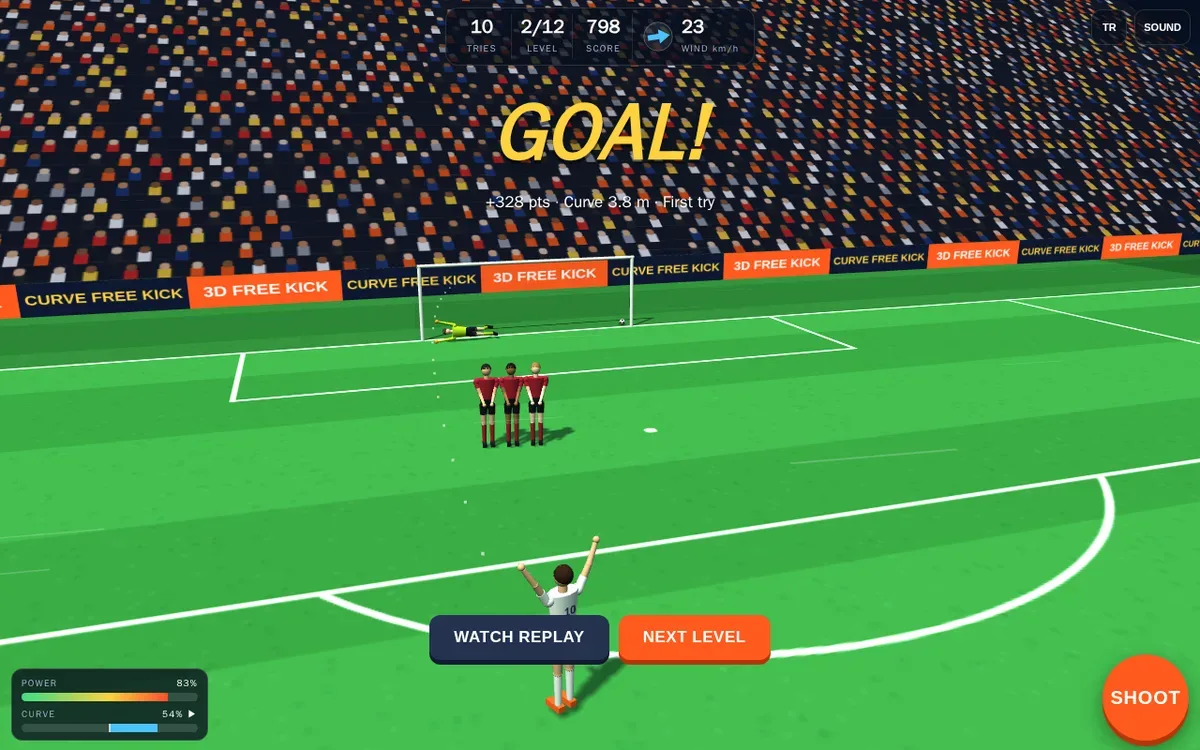 Curve Free Kick desktop goal result showing +328 points, 798 total and level 2.