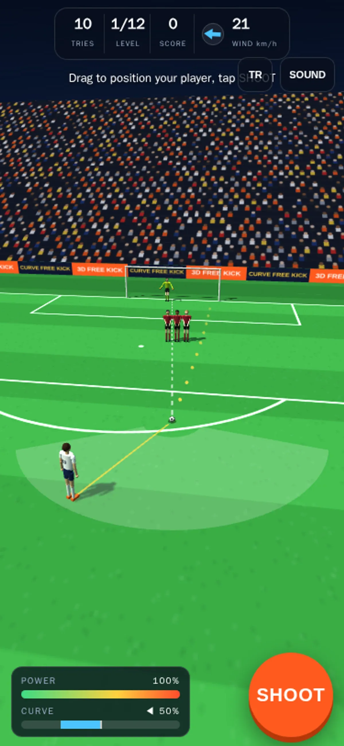 Curve Free Kick phone aiming view with 100% power and 50% left curve on level 1.