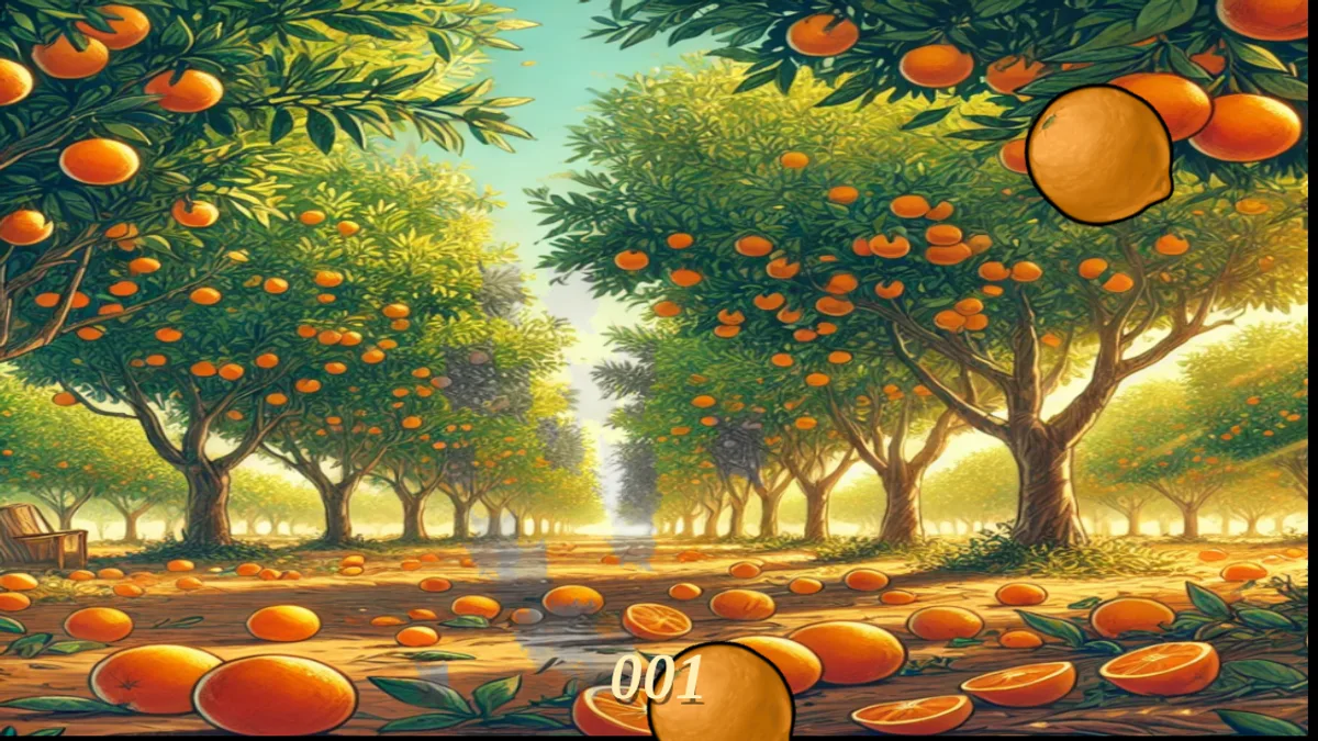 Cut Cut Game orchard with an orange in motion and score 001 on a phone-sized screen