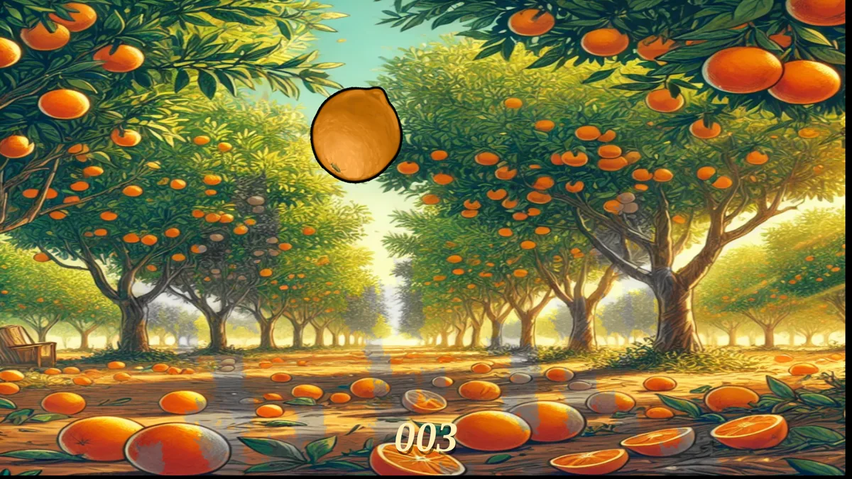 Cut Cut Game orchard with an orange in motion and score 003 on desktop
