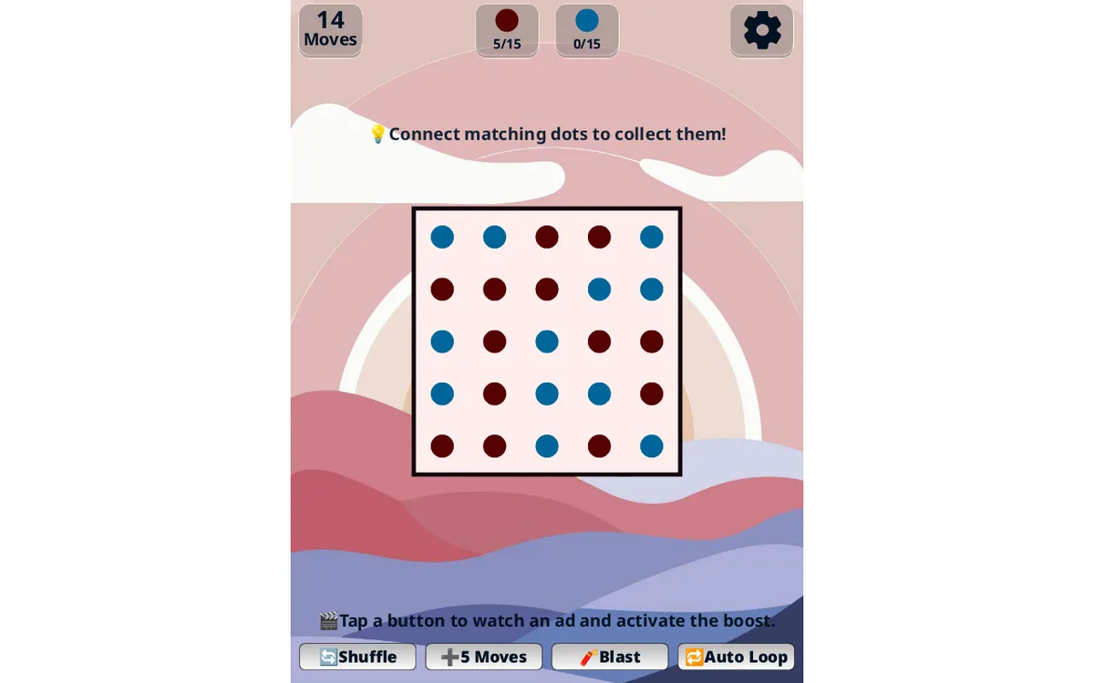 Dots Master board with 14 moves and red target at 5 of 15