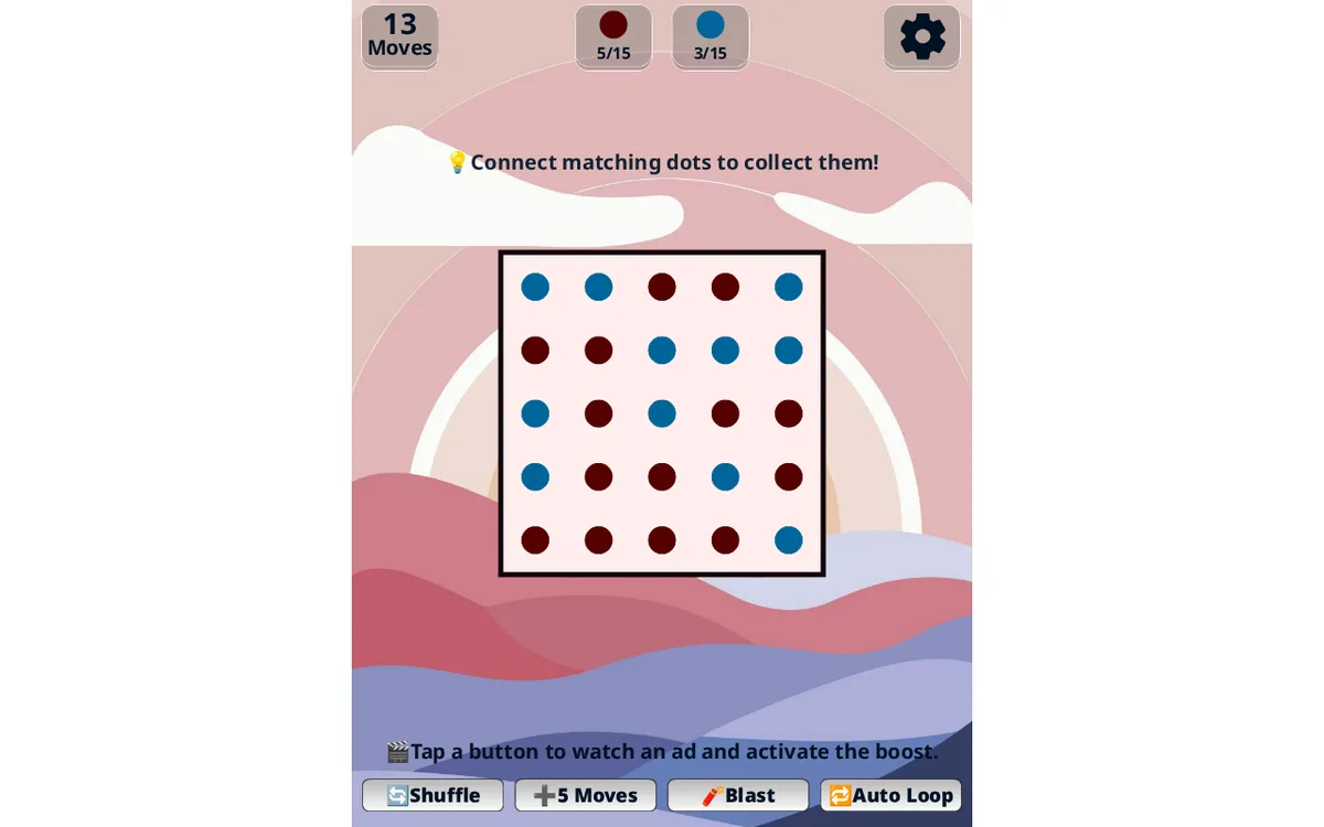 Dots Master desktop board showing 13 moves, five red dots collected and three blue dots collected