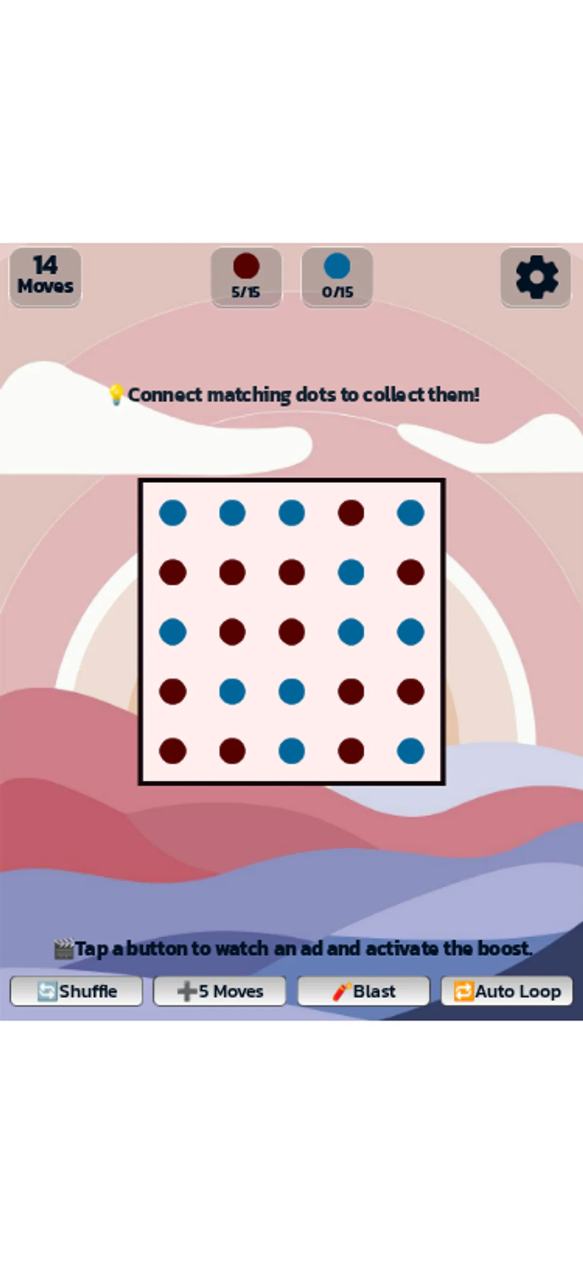 Mobile Dots Master board with 14 moves and red target at 5 of 15