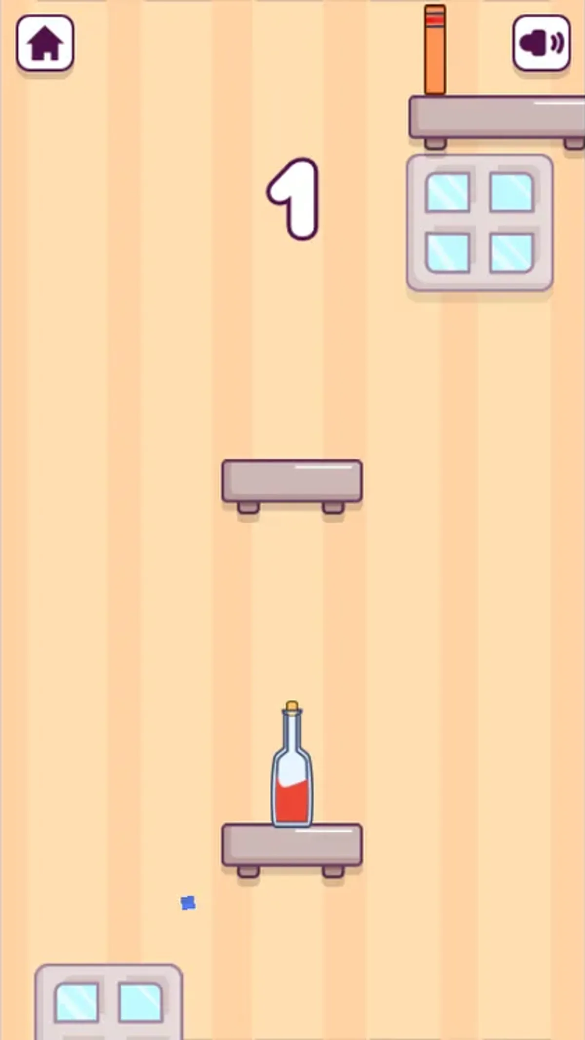 Flippy Bottle desktop game showing score 1 and an upright bottle on a shelf
