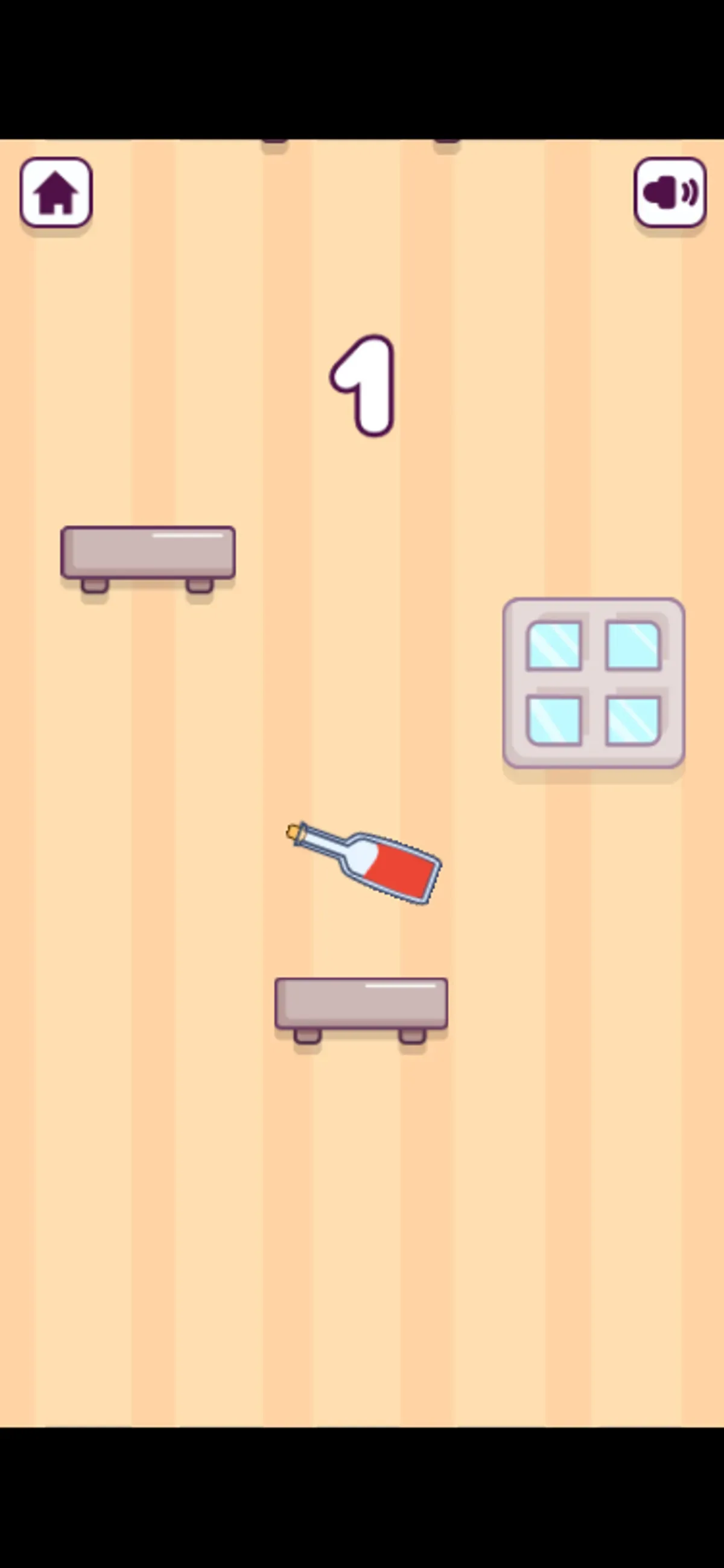 Flippy Bottle on a phone-sized viewport with a rotating bottle and score 1