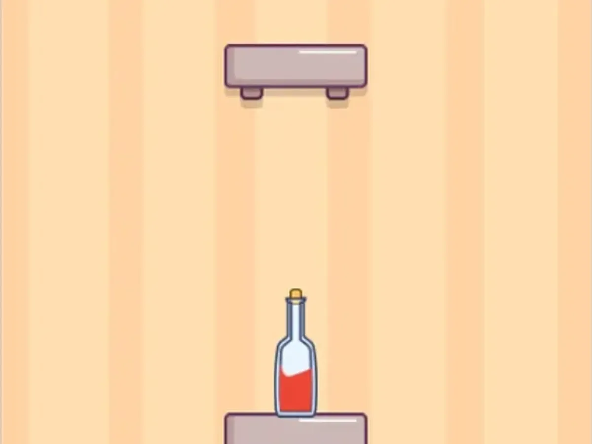 Red-and-white bottle standing on a shelf in Flippy Bottle