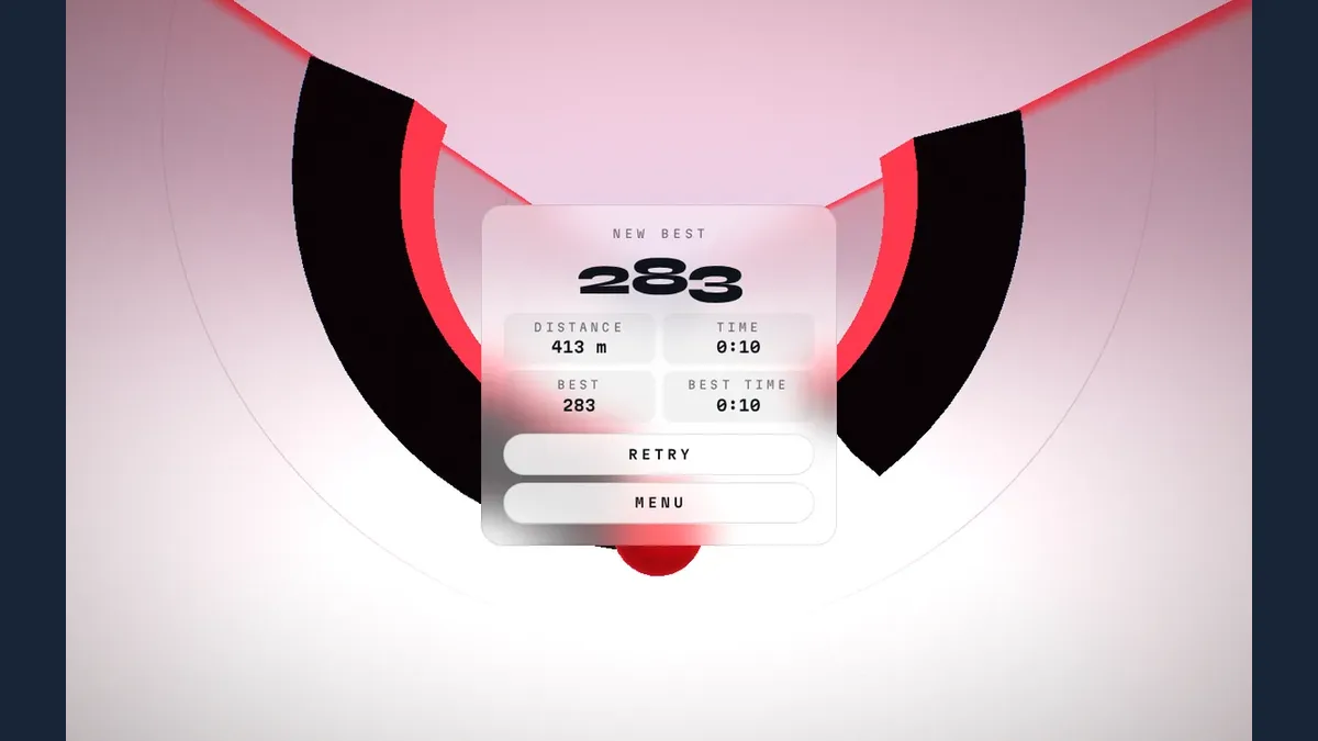 The desktop result shows score 283, distance 413 metres and a ten-second run.