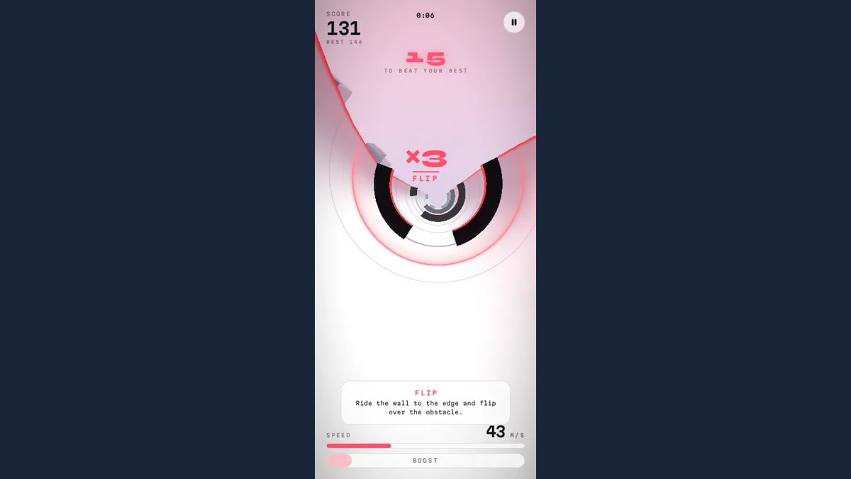 A touchscreen run shows score 131 and a three-times FLIP marker on the pink half-pipe.