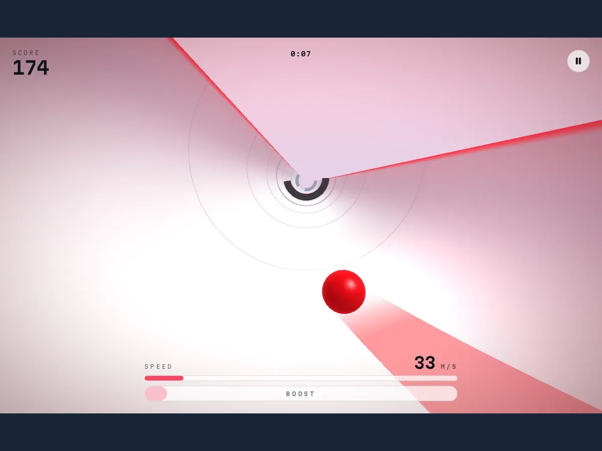 A crimson sphere rides along the curved pink track with score 174 visible.
