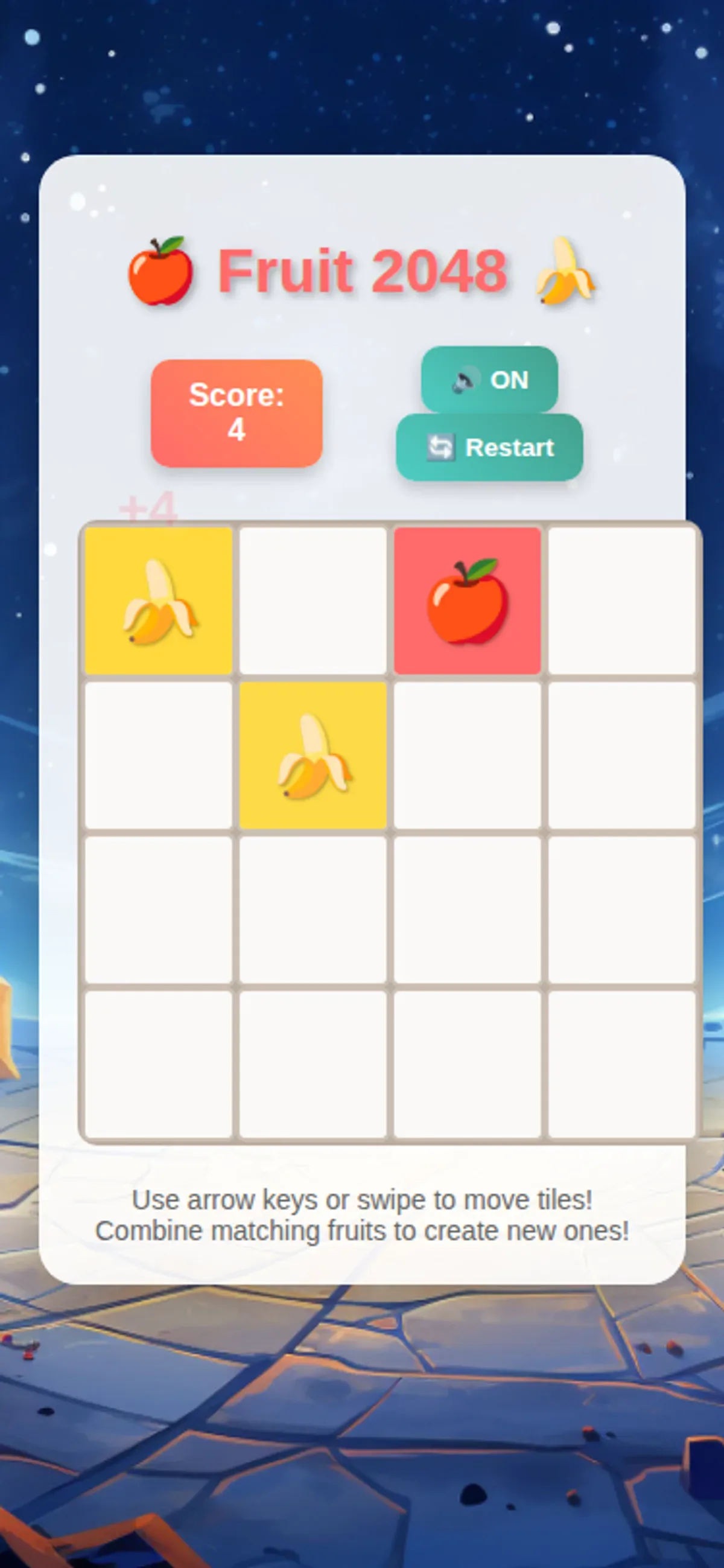 Mobile Fruit 2048 board after the upward swipe, with score 4 and banana tiles visible.