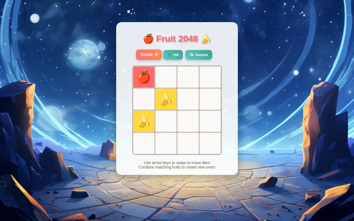 Desktop Fruit 2048 board after an ArrowLeft input, with score 0.