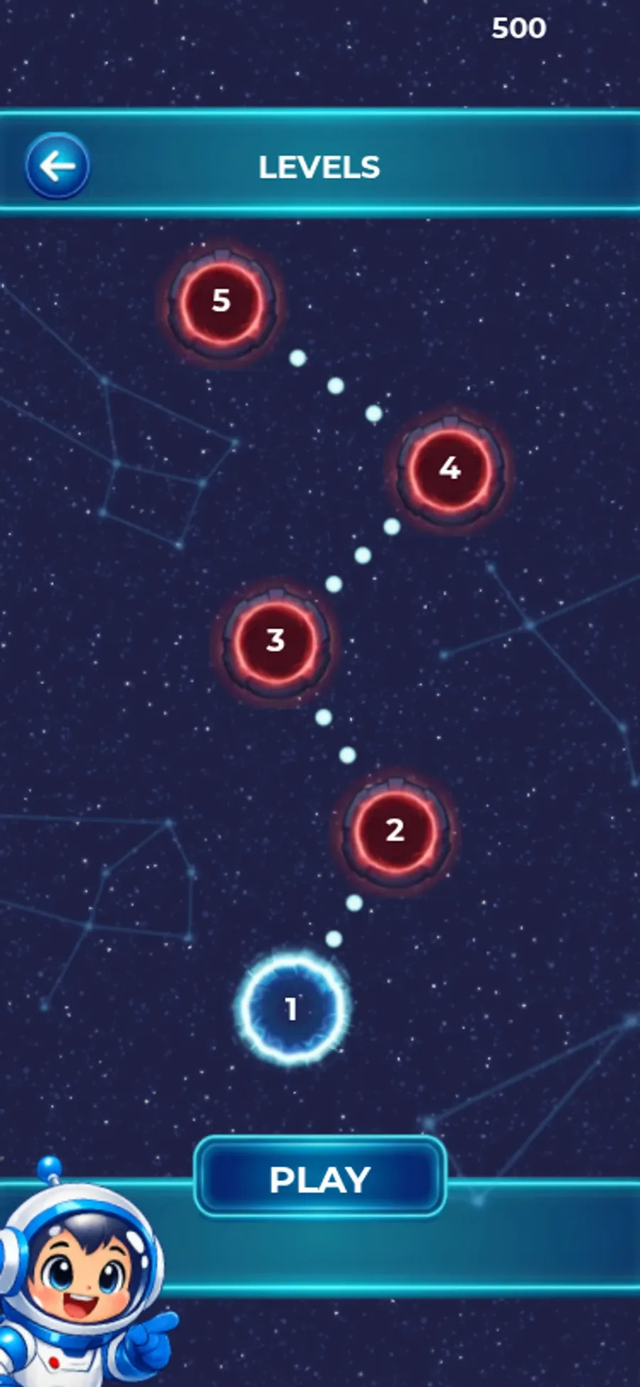 Galaxy Pop level map with level 1 highlighted below numbered level nodes
