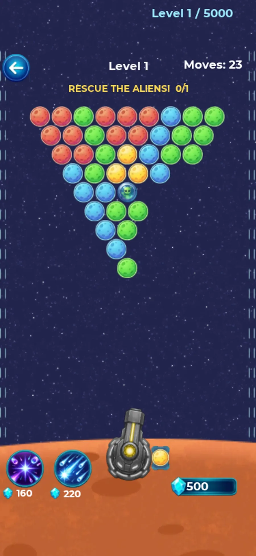 Galaxy Pop level 1 after two phone taps, with 23 moves and the alien still among bubbles
