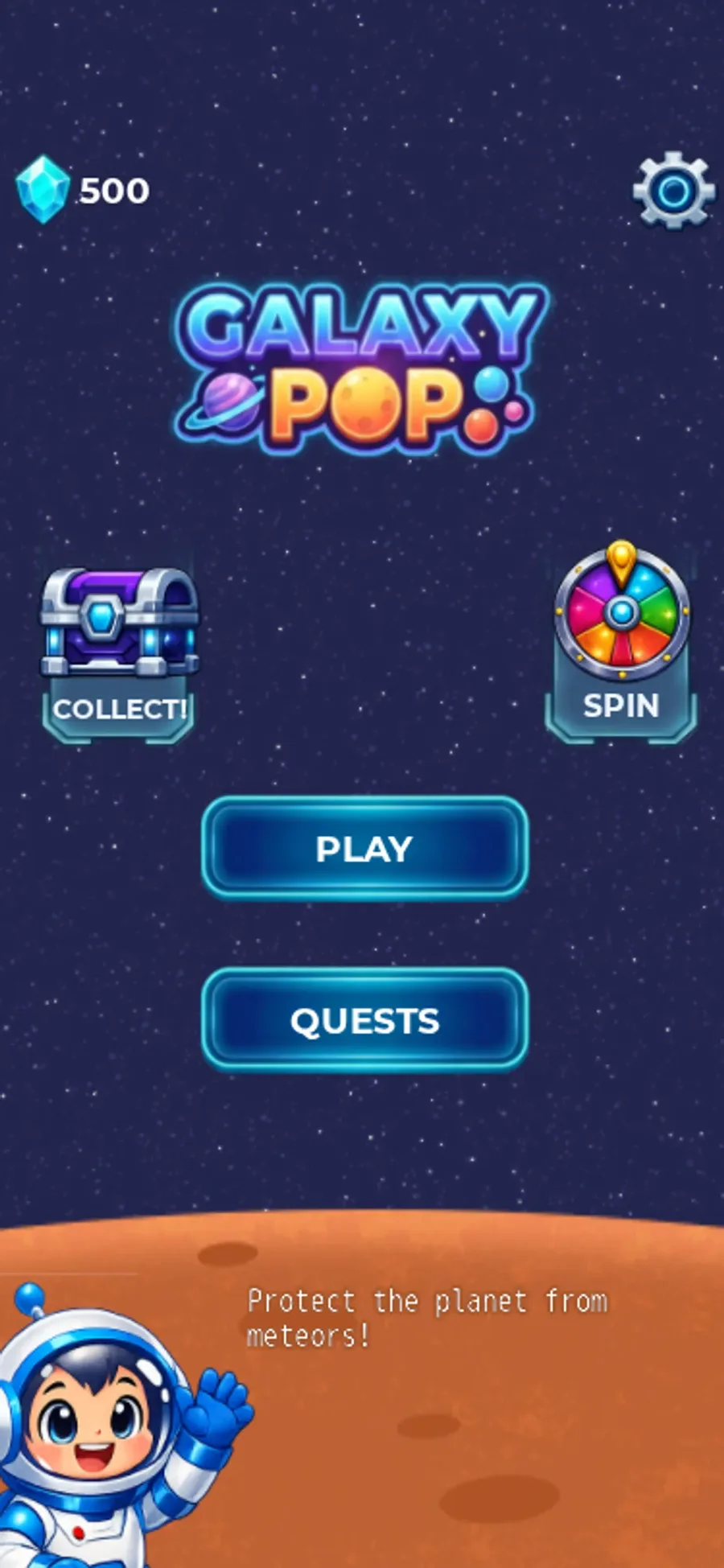 Galaxy Pop opening menu with Play and Quests buttons, a chest and a spin wheel