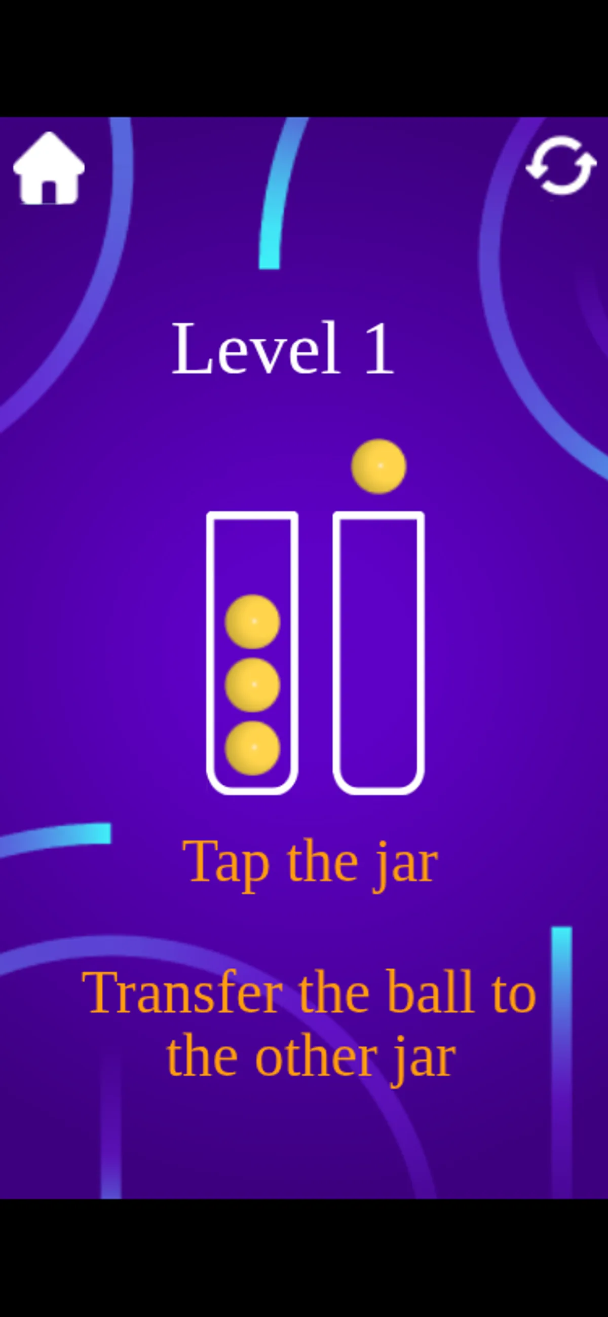 The selected yellow ball floats above the right jar beside three balls in the left jar