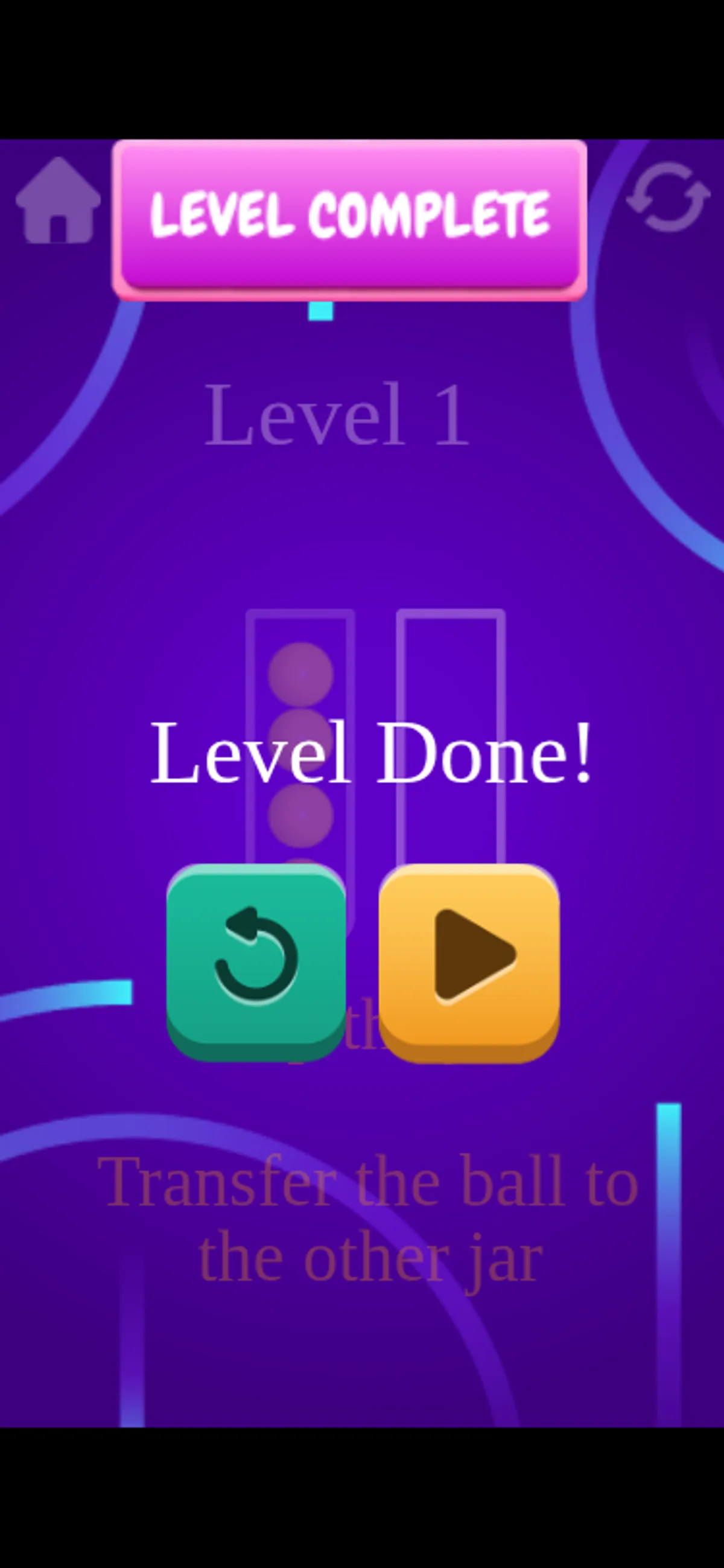 Level Complete and Level Done appear over the solved first-level jars
