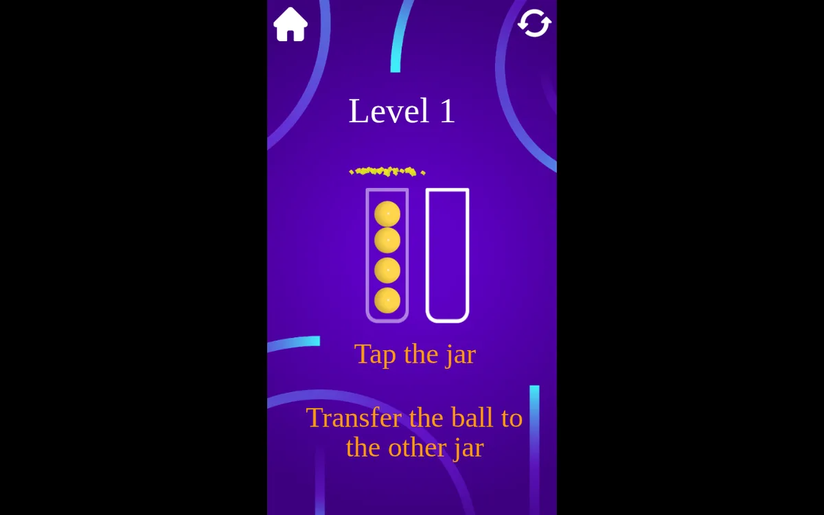Four yellow balls fill the left jar while the right jar is empty