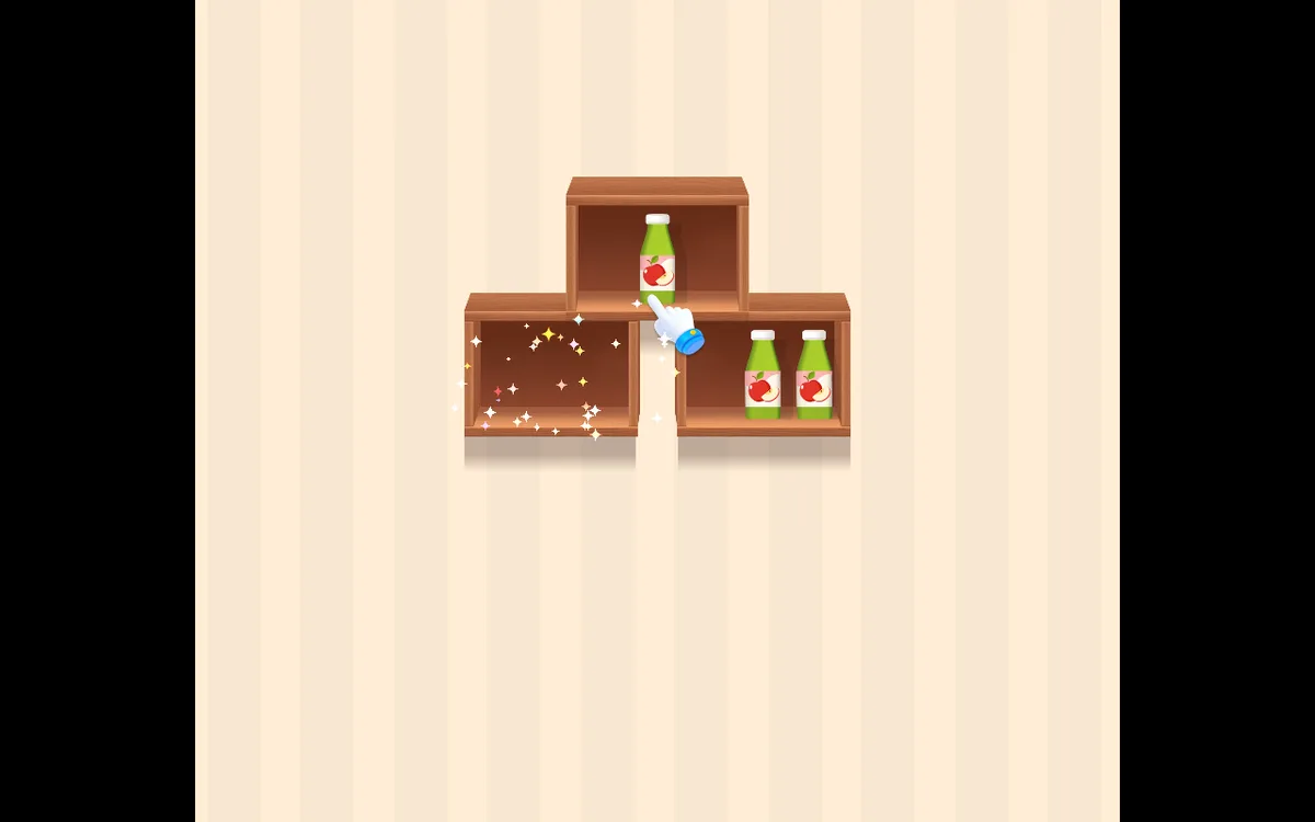 Sparkles mark an empty shelf beside two green bottles