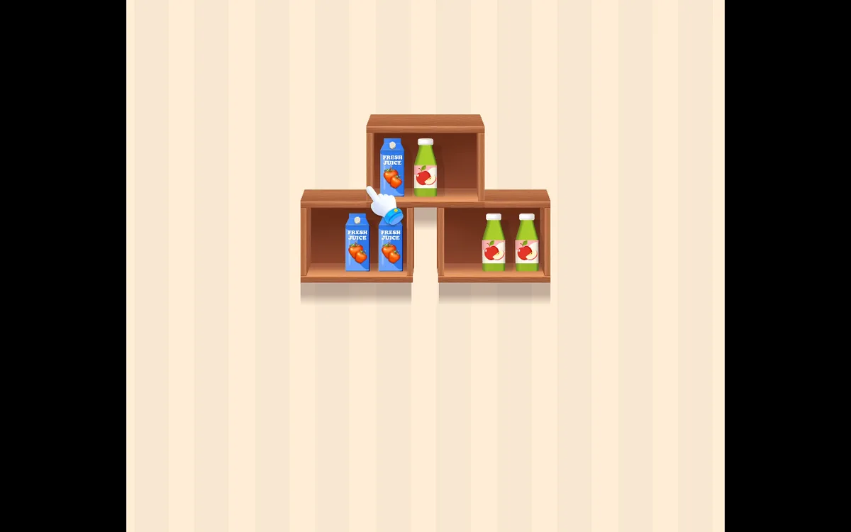 Cartons and green bottles arranged on three wooden shelves