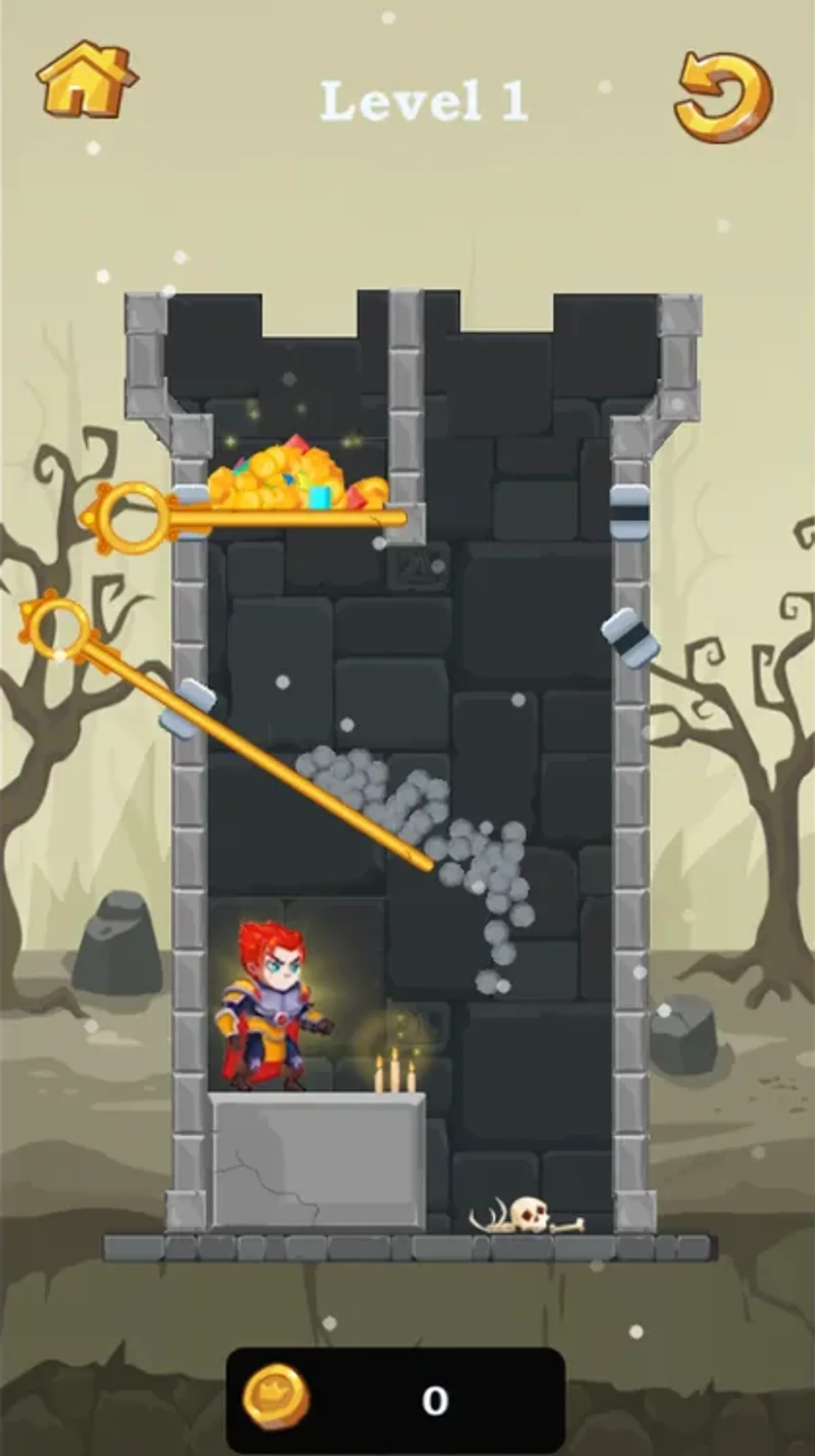 Hero Rescue Puzzle desktop board with gray stones descending beside the remaining diagonal pin