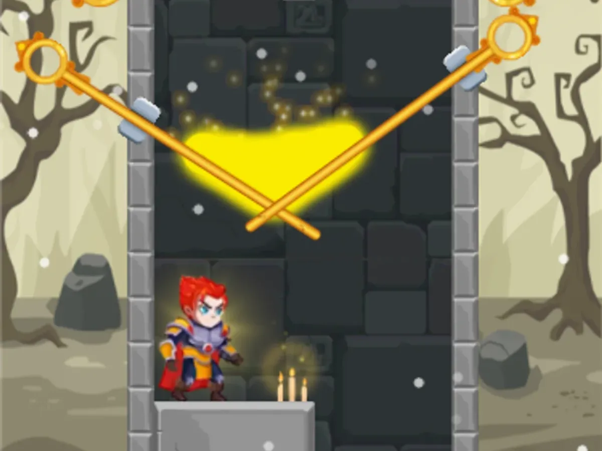 Red-haired knight beneath crossed gold pins and yellow fluid in Hero Rescue Puzzle