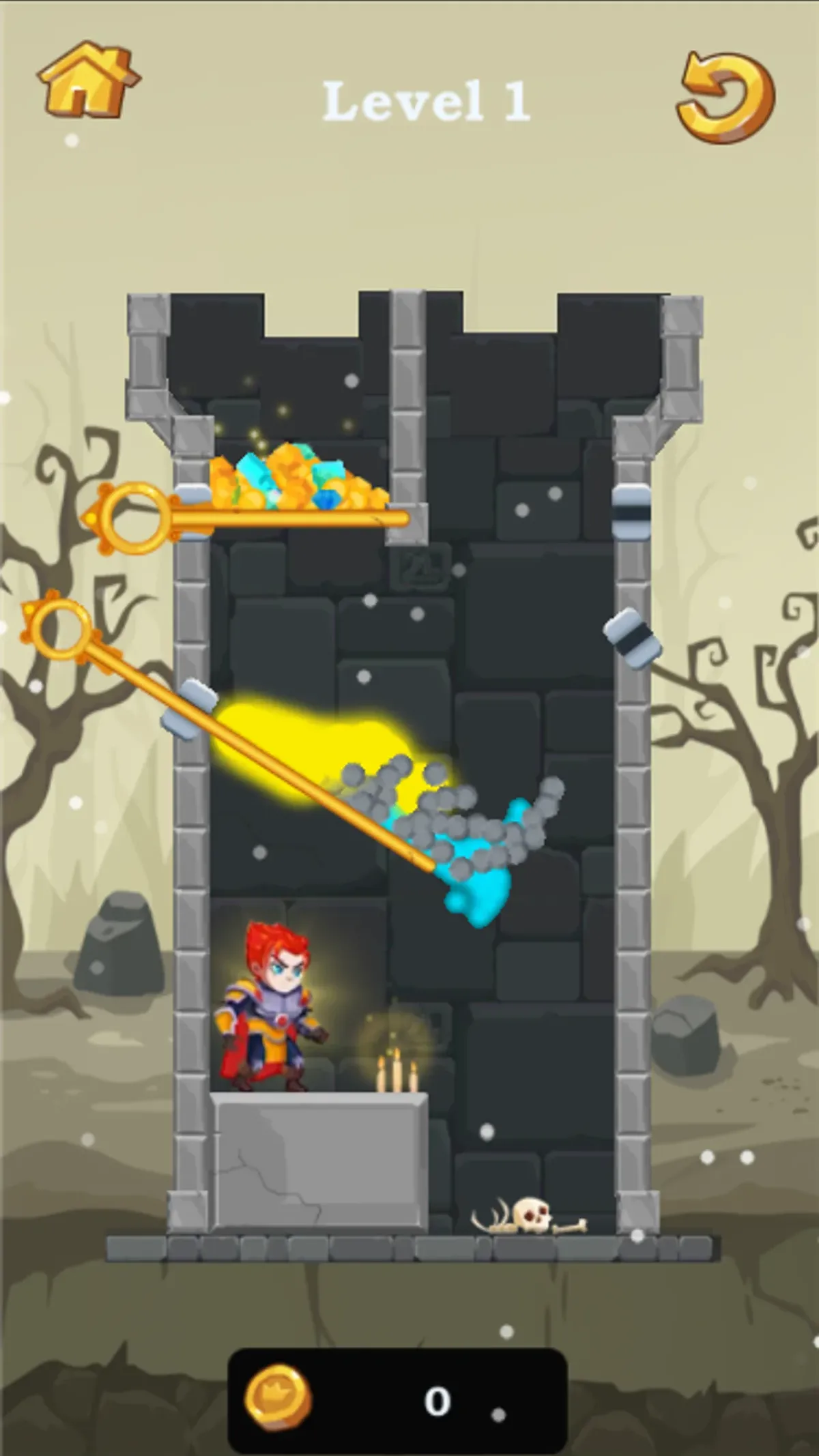Hero Rescue Puzzle mobile board with gray stones and remaining yellow and blue fluid after a pin pull